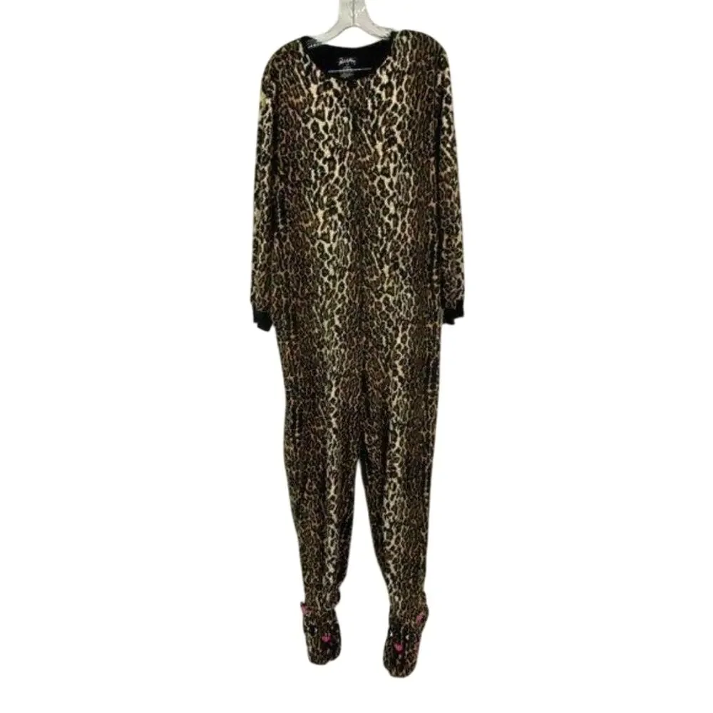 Nick & Nora Leopard One Piece Sleepwear Footed Pajamas Womens Medium